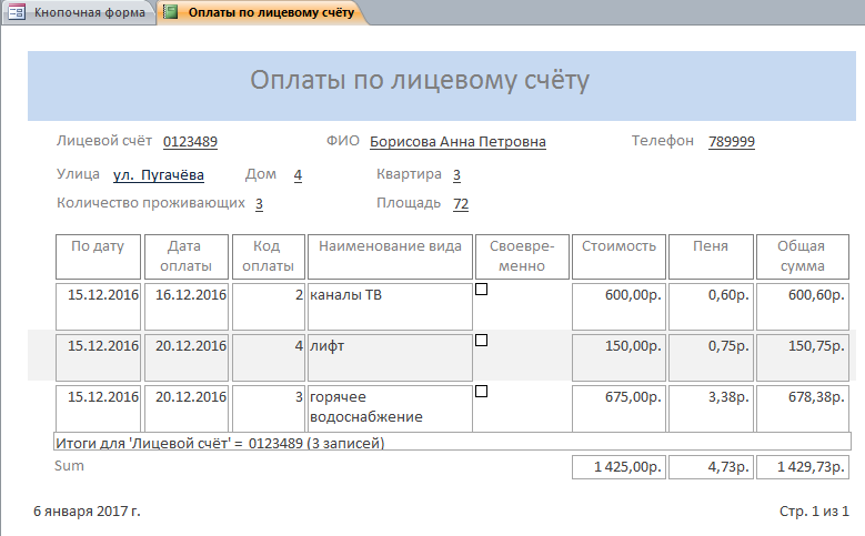 Готовая база данных ЖКХ (ЖЭС). Отчёт «Оплаты по лицевому счёту».