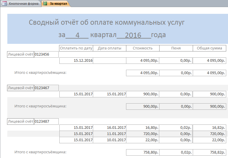 Сводный отчёт об оплате коммунальных услуг за квартал в бд ЖКХ ЖЭС.