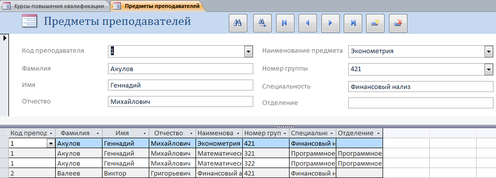 Скачать готовую бд access "Курсы повышения квалификации". Форма «Предметы преподавателей».