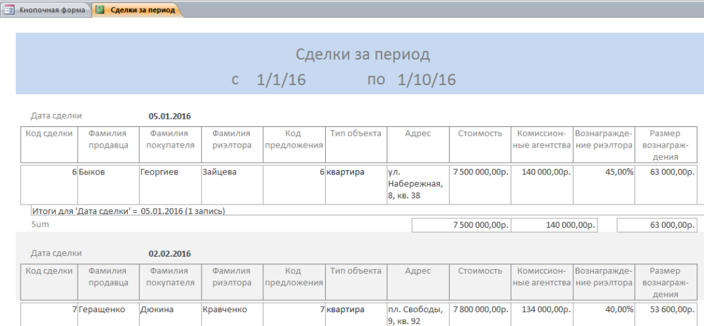 Скачать бд «Риэлторская контора» - сделки за период.