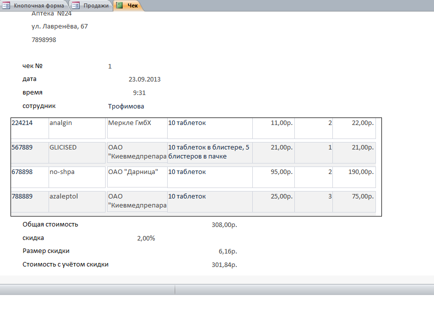 Чек по продаже в аптеке.