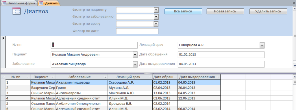 Форма "Диагноз" базы данных «Поликлиника».