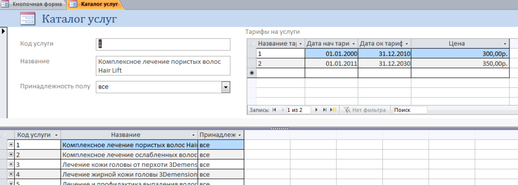 Скачать базу данных access Парикмахерская. Форма «Каталог услуг».