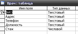 Рис. 2 Скачать базу данных (БД) «Чрезвычайные ситуации» MS Access. Таблица "Врач"