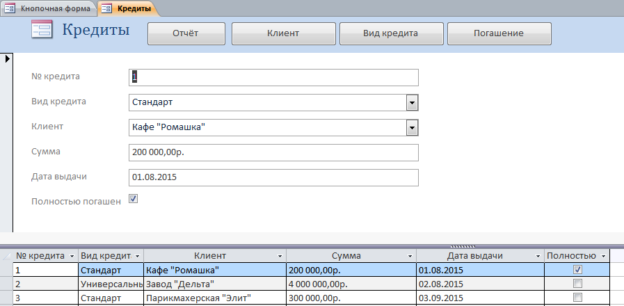 Готовая курсовая база данных «Выдача банком кредитов». Форма «Кредиты».