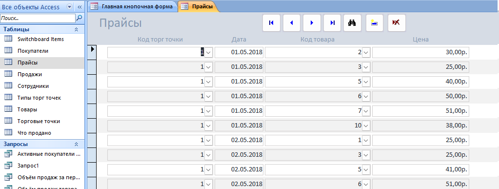 Готовая база данных Access «ИС торговой организации». Форма Прайсы