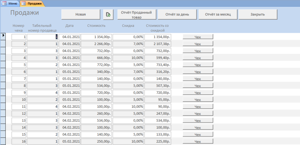 Готовая база данных Access «Магазин хозяйственных товаров» для курсовой работы. Форма Продажи