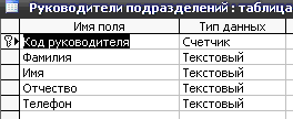 Рис. 4 Скачать базу данных (БД) «Штатное расписание» MS Access. Таблица "Руководители подразделений"