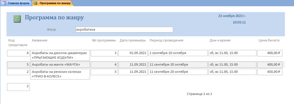 Скачать базу данных access Цирк. Отчёт Программа по жанру