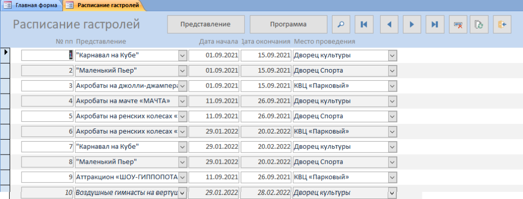 Скачать базу данных access Цирк. Форма Расписание гастролей